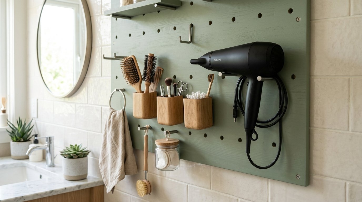 A sage green pegboard on a tiled bathroom wall holding a black hairdryer, wooden brushes, and storage cups.