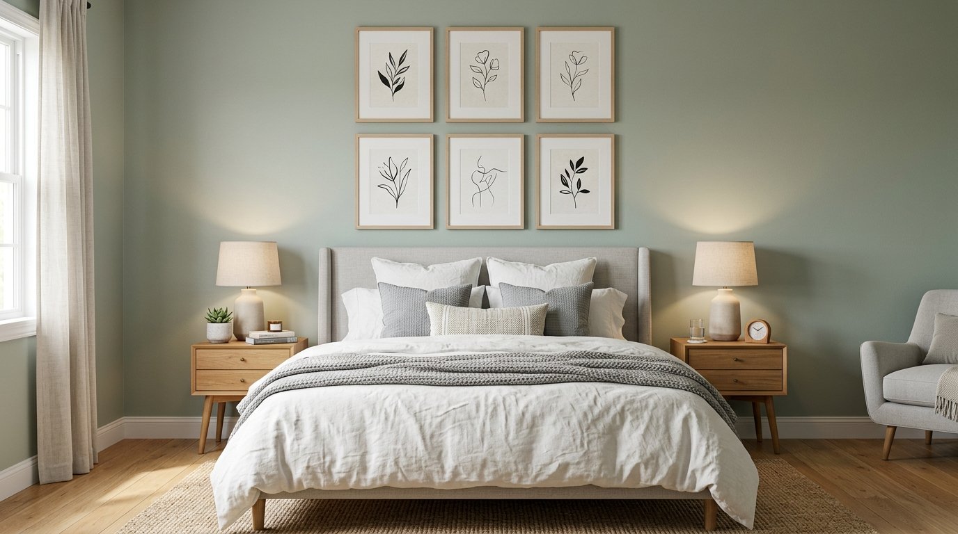 Modern bedroom with sage green walls, a neutral bed, and six framed botanical prints hung in a grid above the headboard.