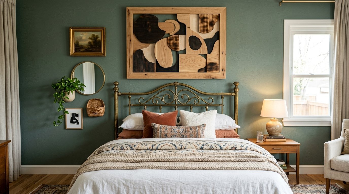 A metal brass bed frame sits against a sage green wall decorated with a large wooden abstract art piece.