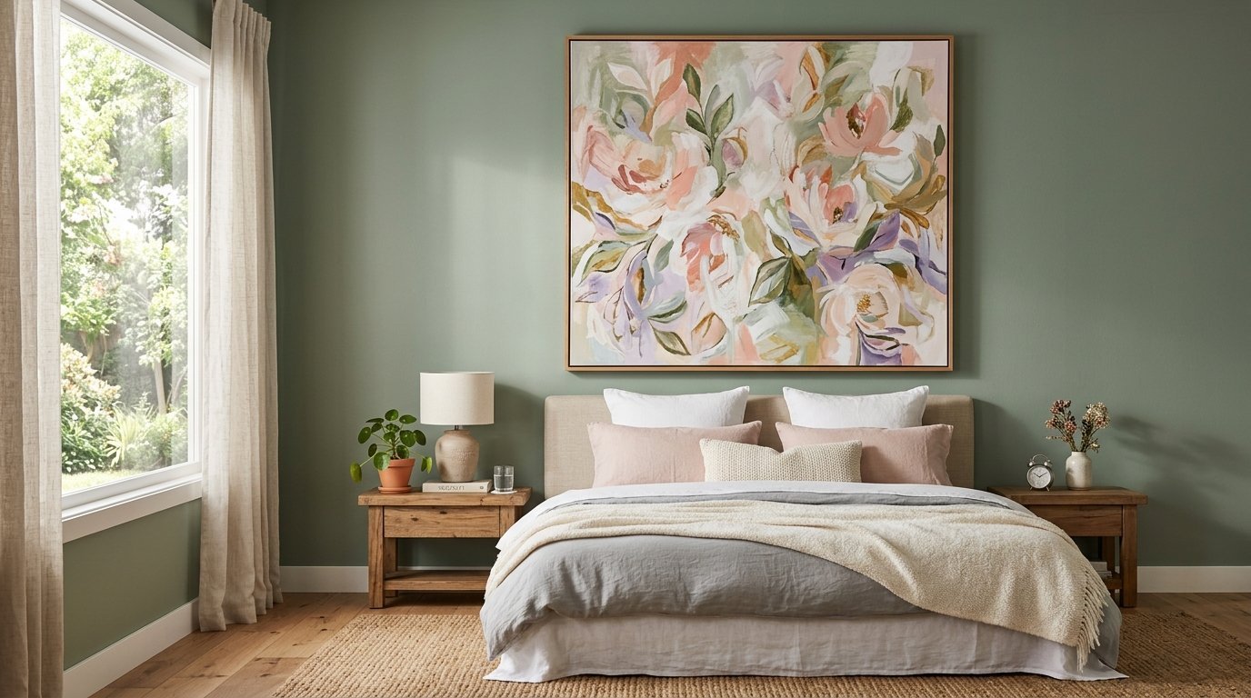 Modern bedroom with sage green paint, a beige bed, and a large abstract floral painting on the wall.