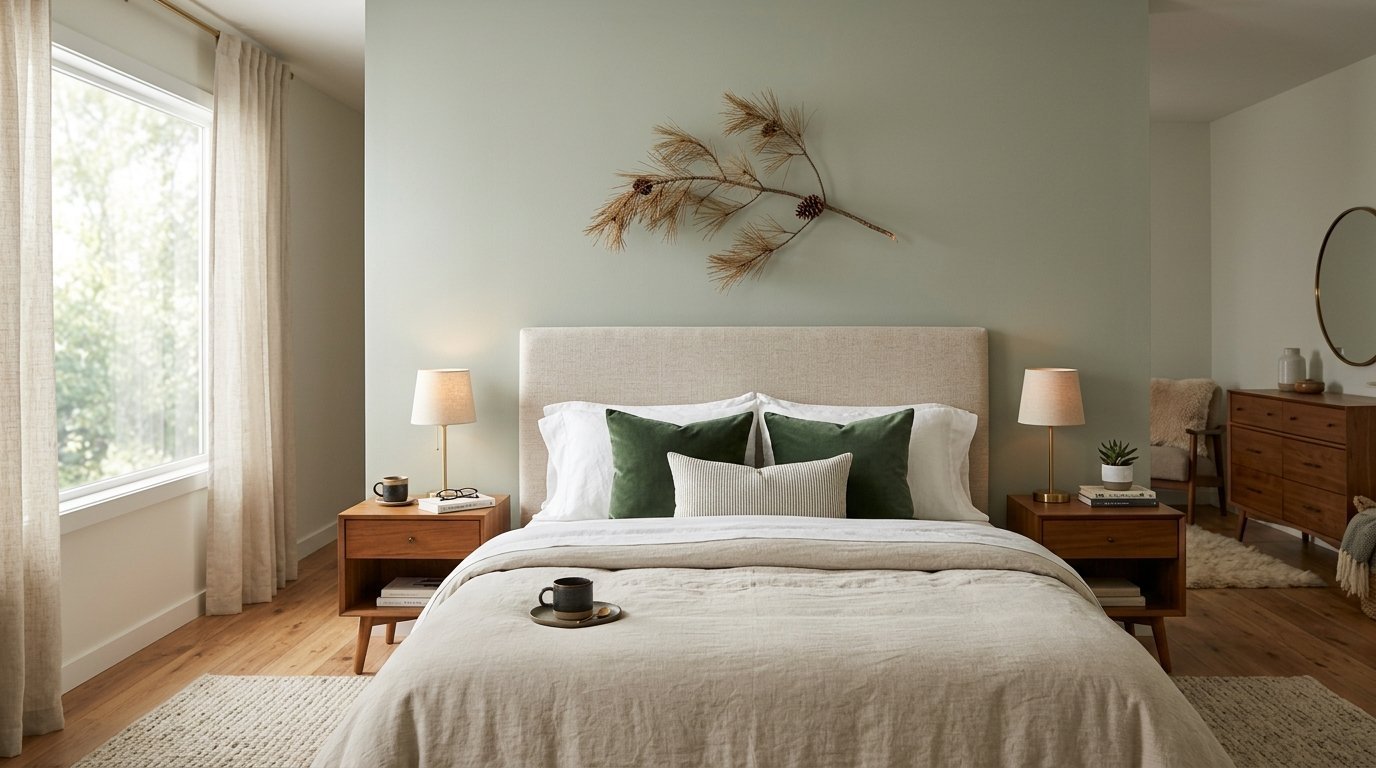 Modern bedroom with a linen headboard, green accent pillows, and a pine branch wall decoration.