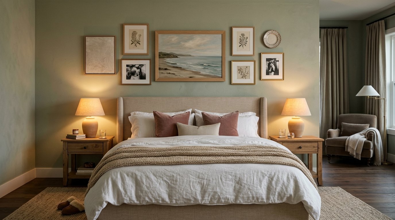 A beige upholstered bed with dusty rose pillows centered on a sage green wall under a gallery of framed art prints.