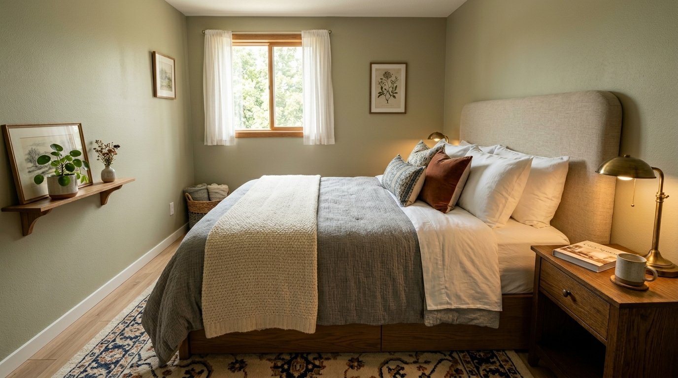 A bed with grey bedding and a white throw blanket sits in a sage green room with a wooden nightstand and lamp.