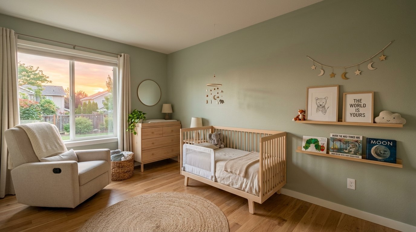 A calm nursery with sage green walls, a wooden crib, an armchair, and floating shelves with children's books.