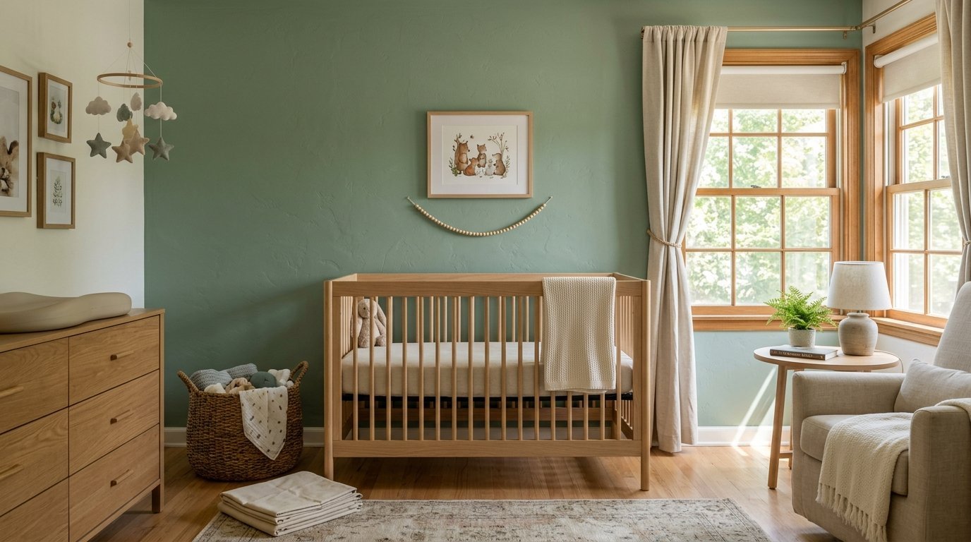 Wooden baby crib sits against a sage green wall with framed animal prints and beige curtains near a window.