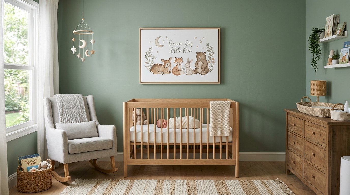 Newborn sleeping in a natural wood crib beneath a whimsical woodland animal sign in a sage green room.