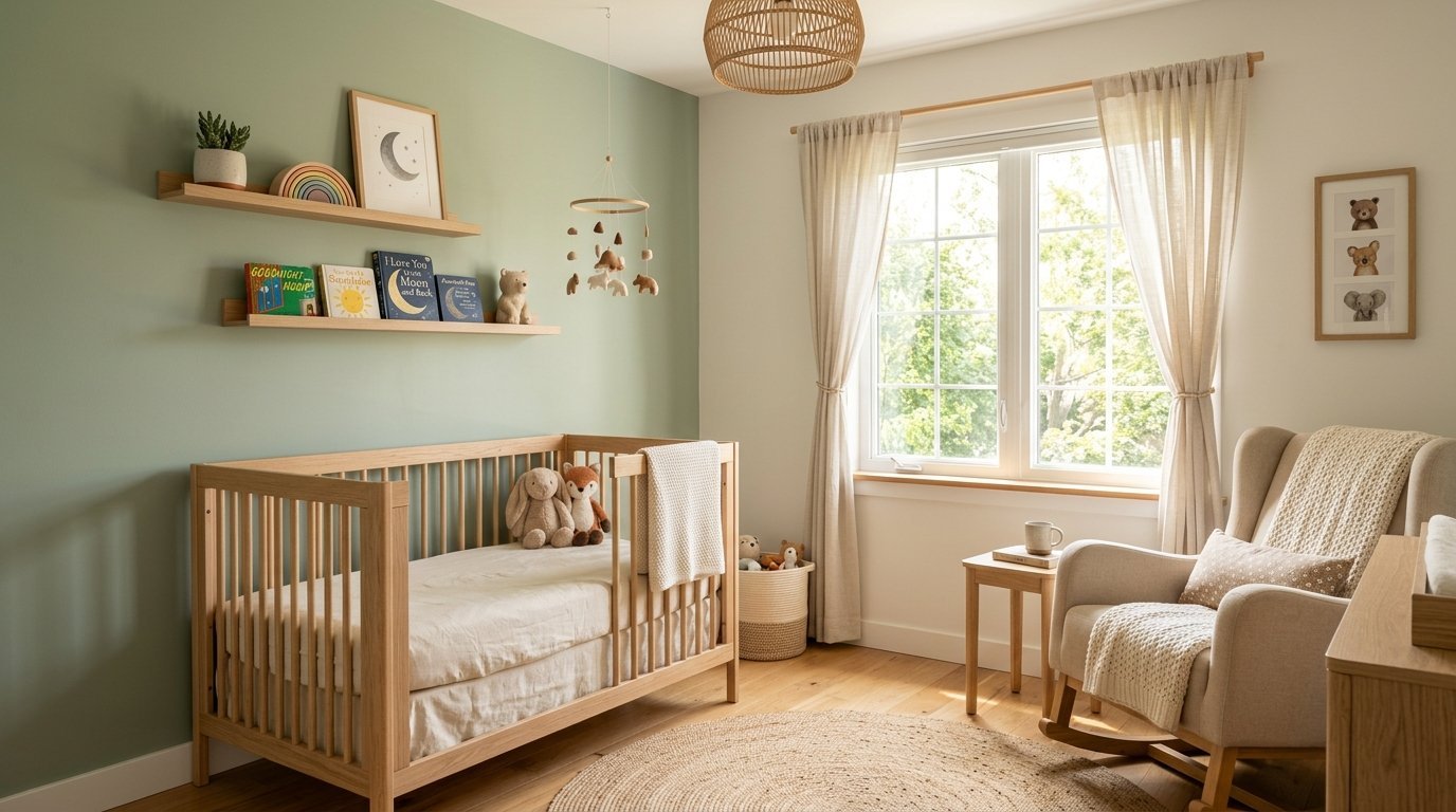 A calm nursery with a wooden crib, rocking chair, and shelves decorated with books and a moon art print.