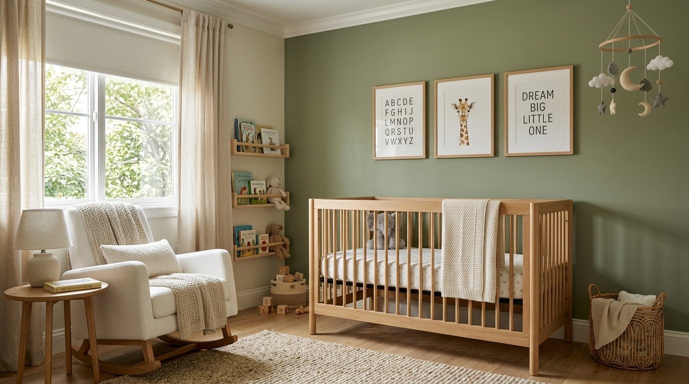 Baby nursery with a wood crib, rocking chair, and neutral wall art on a sage green accent wall.