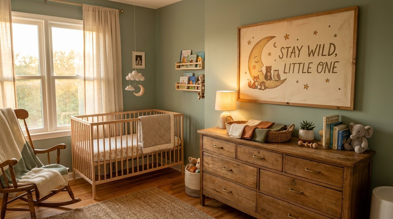 Baby room with green walls, a wooden dresser, rocking chair, and a framed sign that says stay wild little one.