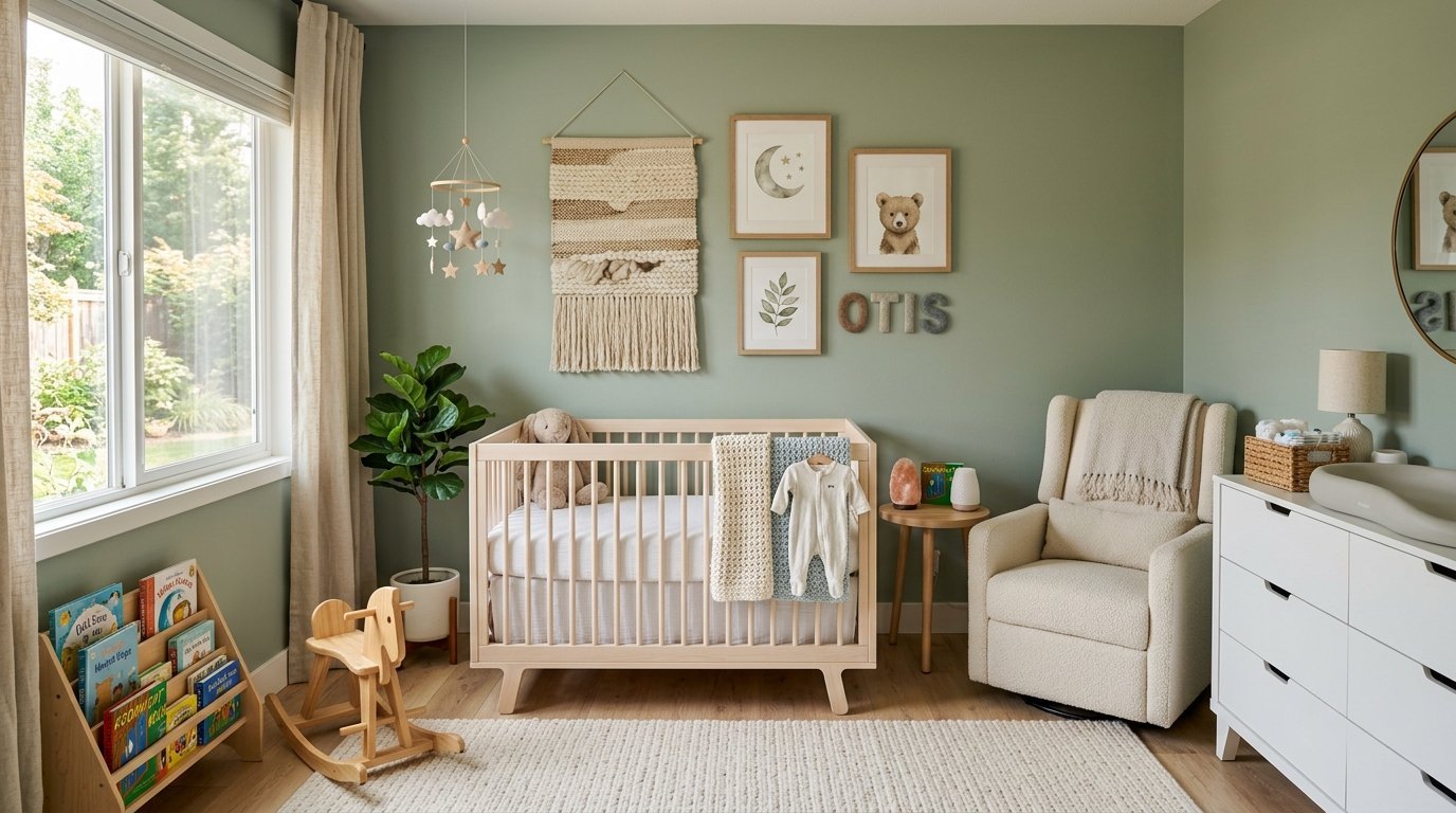Modern nursery with a wooden crib, beige rocking chair, wall art, and books on a floor shelf.