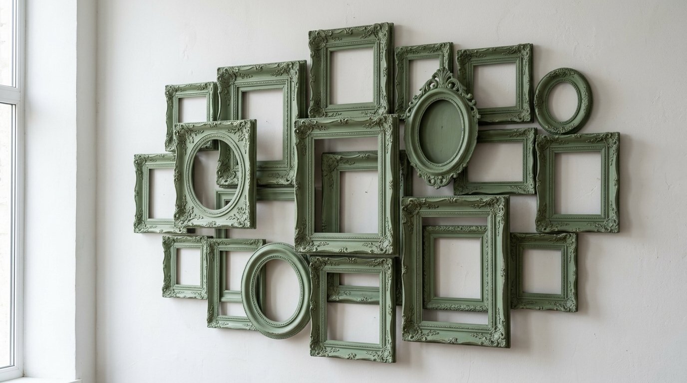 A collection of empty, decorative sage-colored picture frames arranged in a gallery display on a plain white wall.