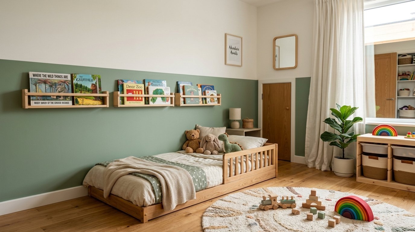 A calm child's bedroom with sage green walls, wooden furniture, stuffed toys, and a circular rug with building blocks.