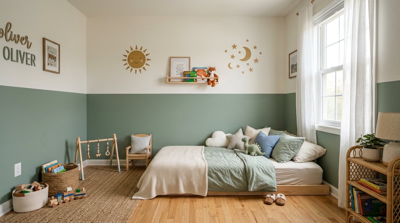 A toddler bedroom featuring a floor bed, sage green half-wall, wooden toys, and sun and moon wall decals.