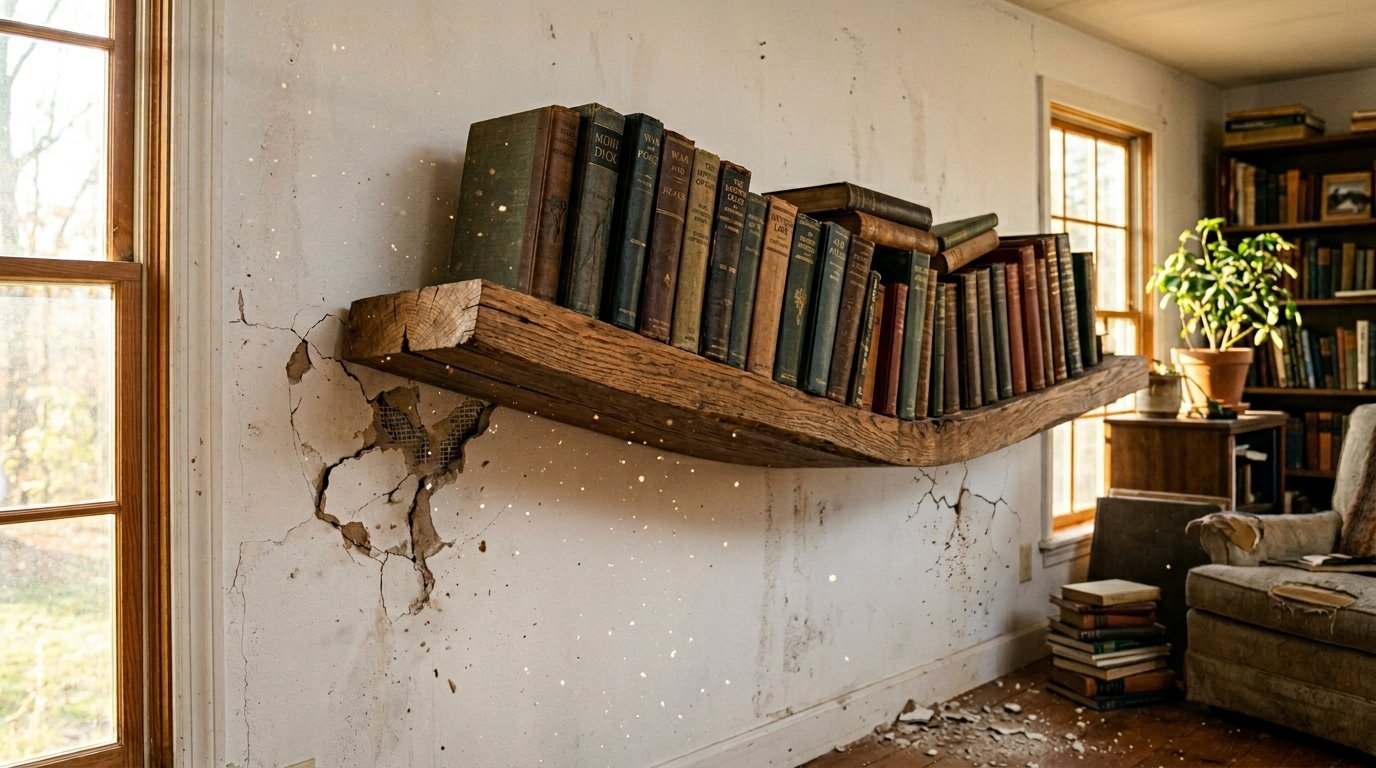 A rustic timber shelf sagging on a crumbling white plaster wall, filled with antique leather-bound books.