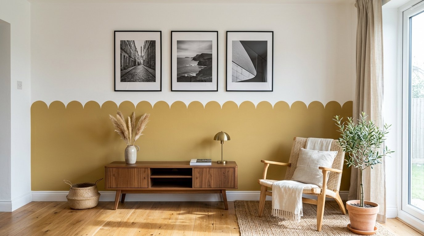 A mid-century modern wooden cabinet stands against a mustard yellow wall painted with a decorative scalloped edge.