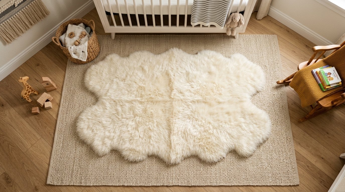 Soft white faux sheepskin rug placed on top of a beige woven carpet in a baby nursery.