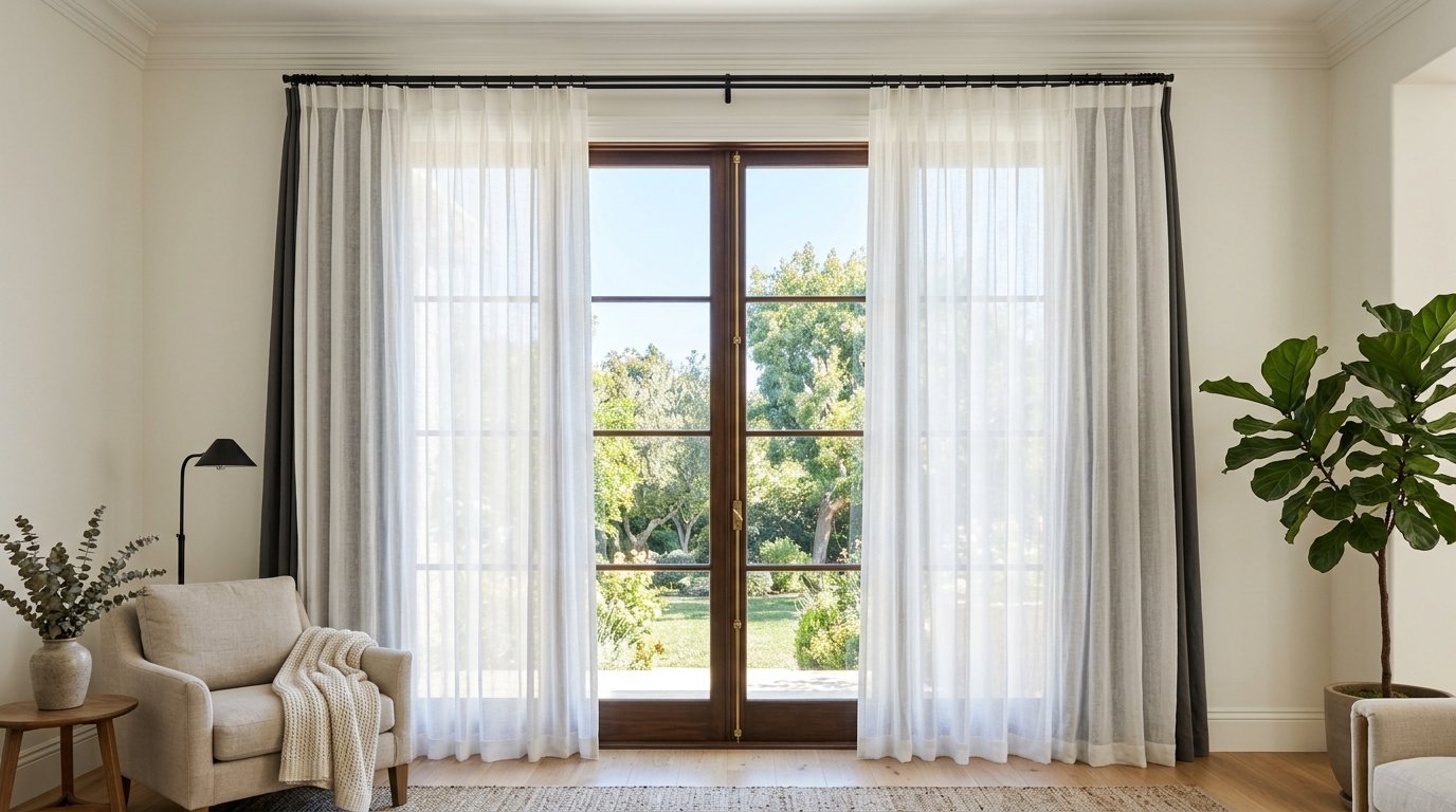 Bright living room with light-filtering curtains, a comfortable armchair, and a potted fiddle leaf fig tree.