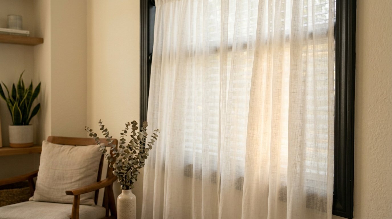 A close up view of light curtains covering a dark window frame next to a cozy seating area and vase.