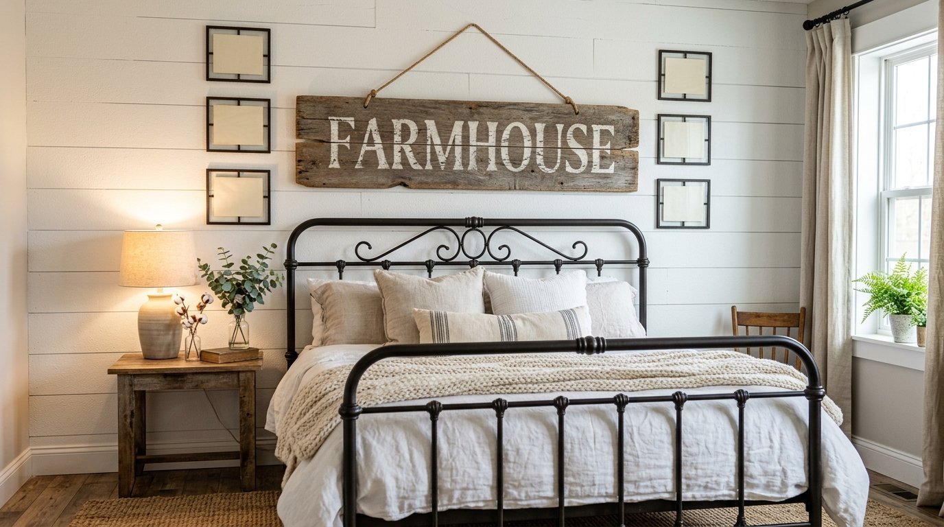 A bedroom with white shiplap walls featuring a hanging farmhouse wooden sign above a black metal bed frame.