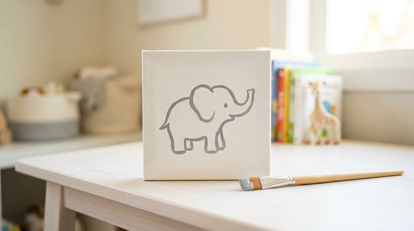 Close up of a small canvas with a hand-painted grey elephant design sitting on a wooden desk with a brush.