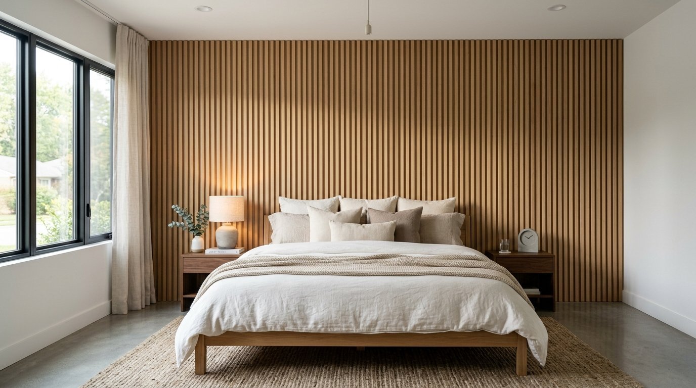 Modern bed with white linen bedding set against a textured oak wood slat feature wall.