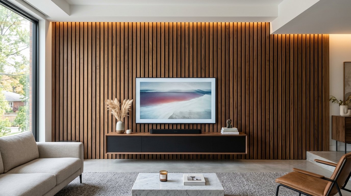 A television mounted on a textured wooden slat wall in a contemporary living room with a floating cabinet.