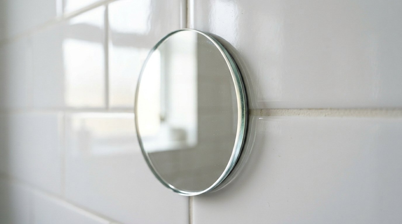 Round frameless mirror attached to a clean white tiled bathroom wall reflecting a bright window