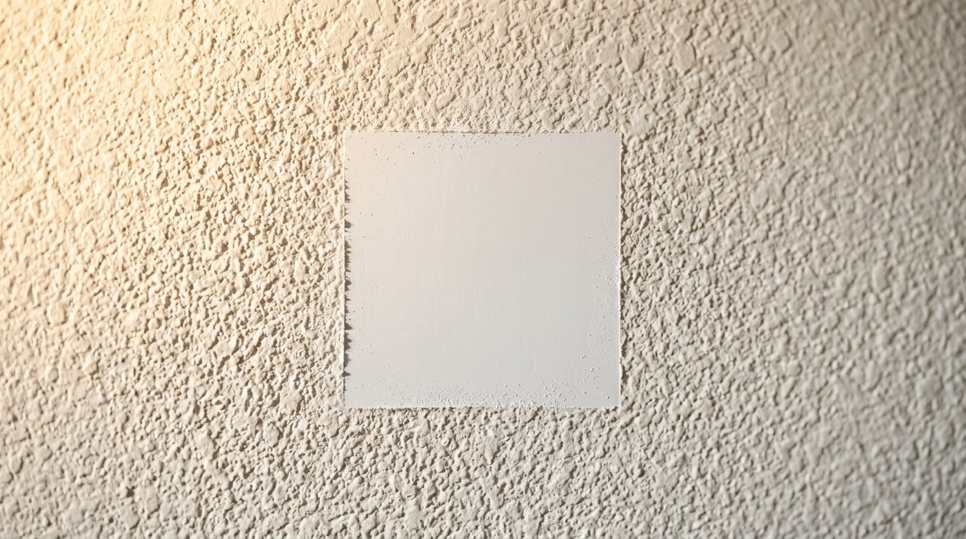 Close up of a smooth, flat square area surrounded by heavy popcorn ceiling texture on a wall.