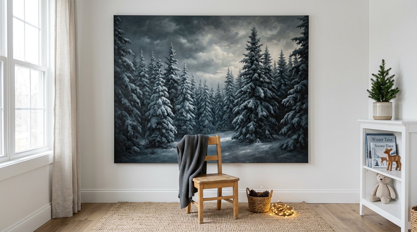 A dark snowy evergreen forest painting hanging on a white wall behind a wooden chair with a grey throw blanket.