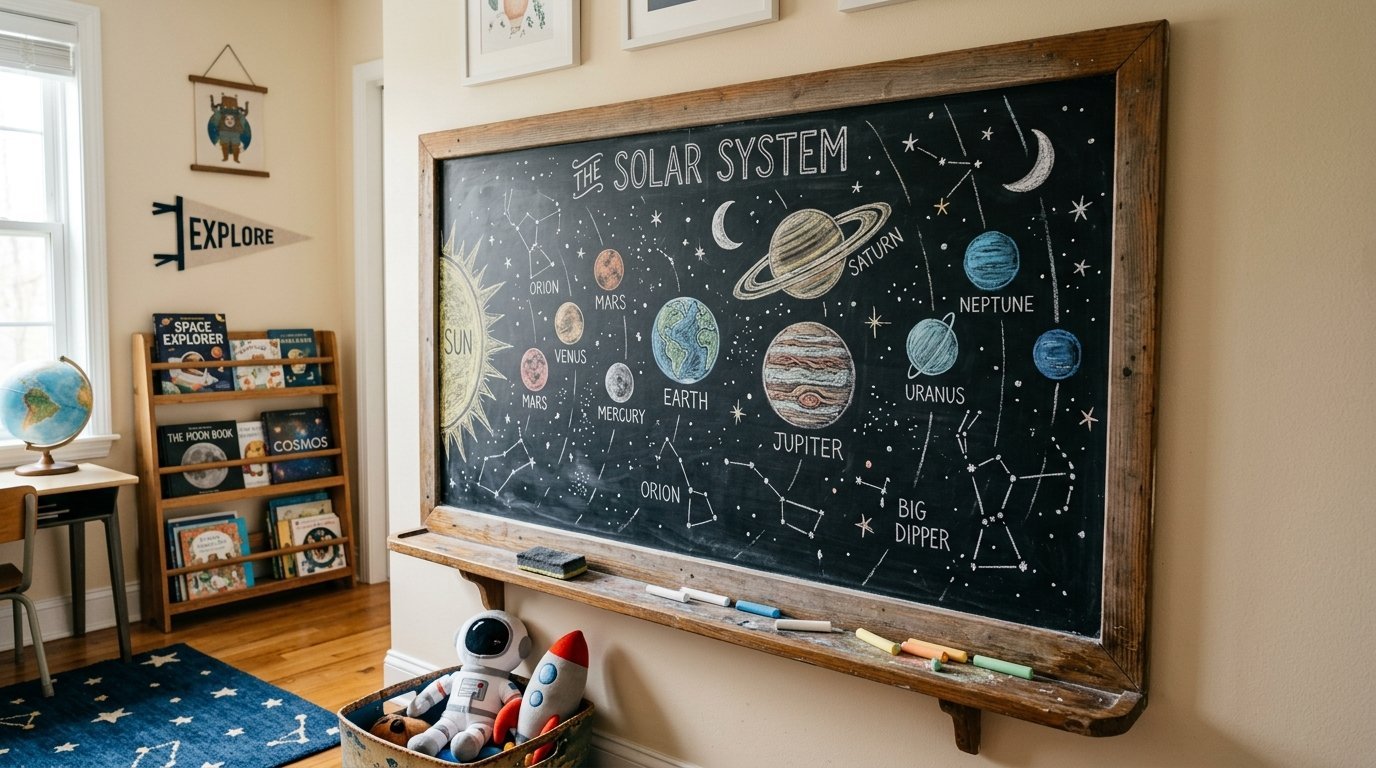 A wooden-framed chalkboard featuring hand-drawn colored chalk illustrations of planets and constellations.