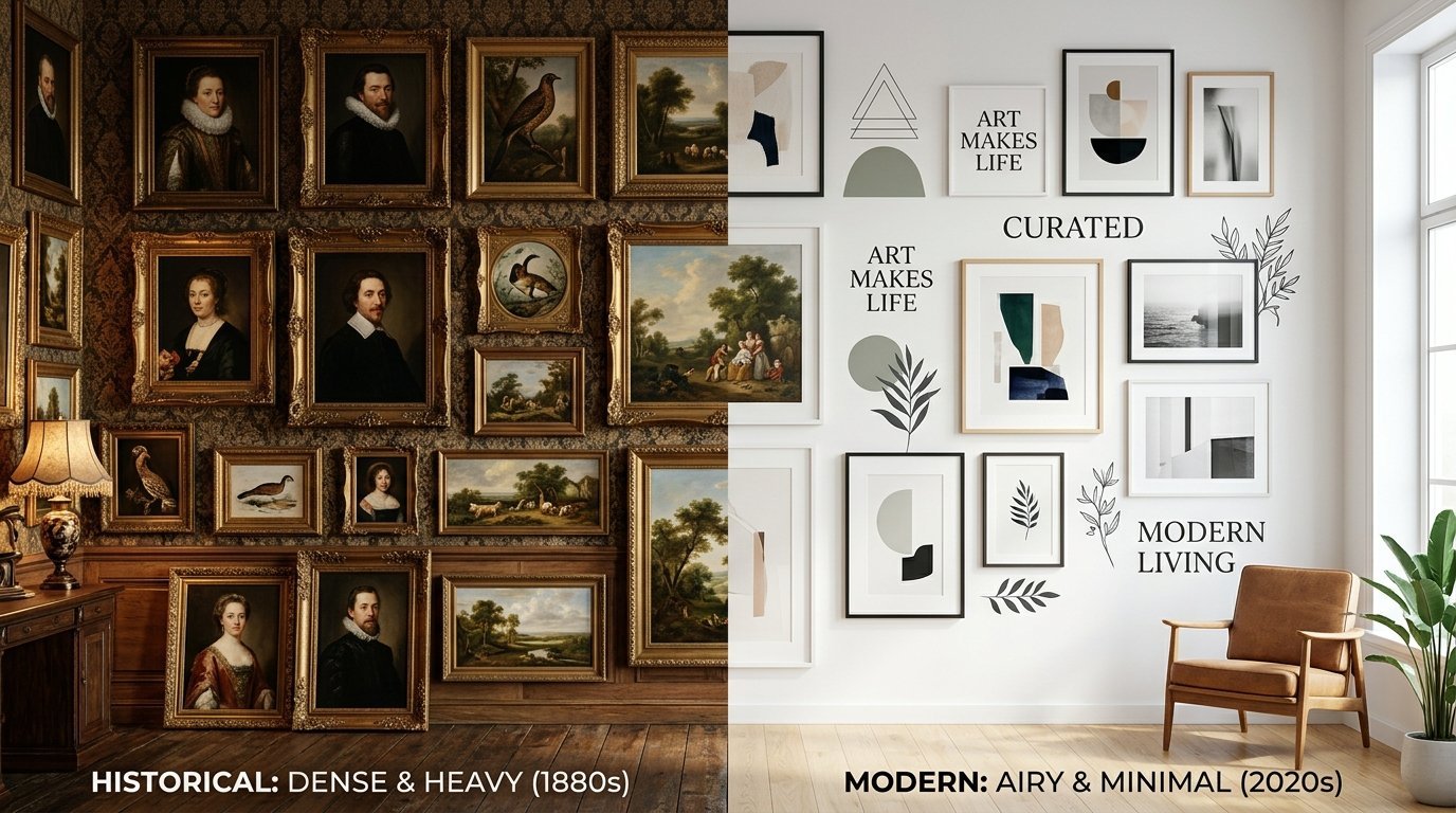 Comparison of a dark Victorian portrait gallery wall versus a bright minimalist interior with modern abstract art.