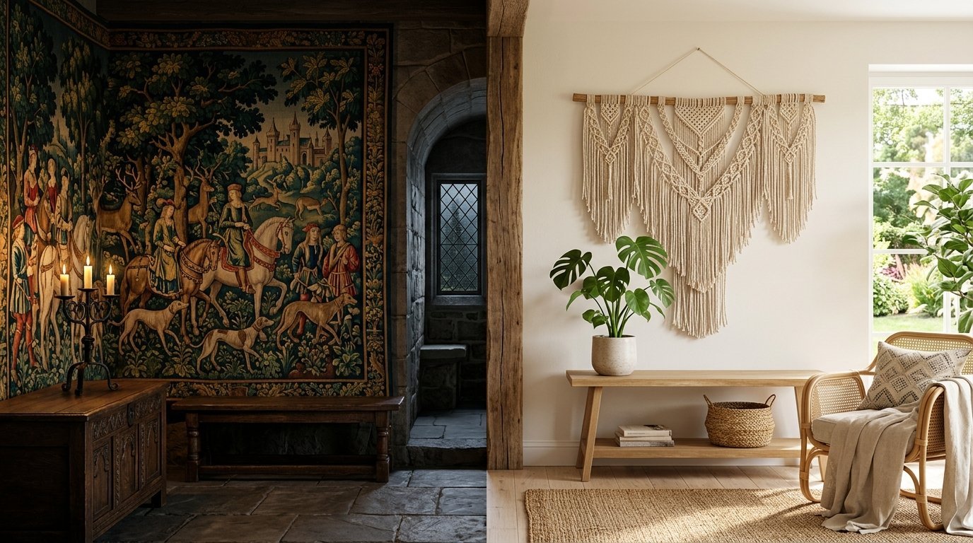 A split-view room showing a dark stone medieval area with a tapestry next to a bright boho space with macrame.