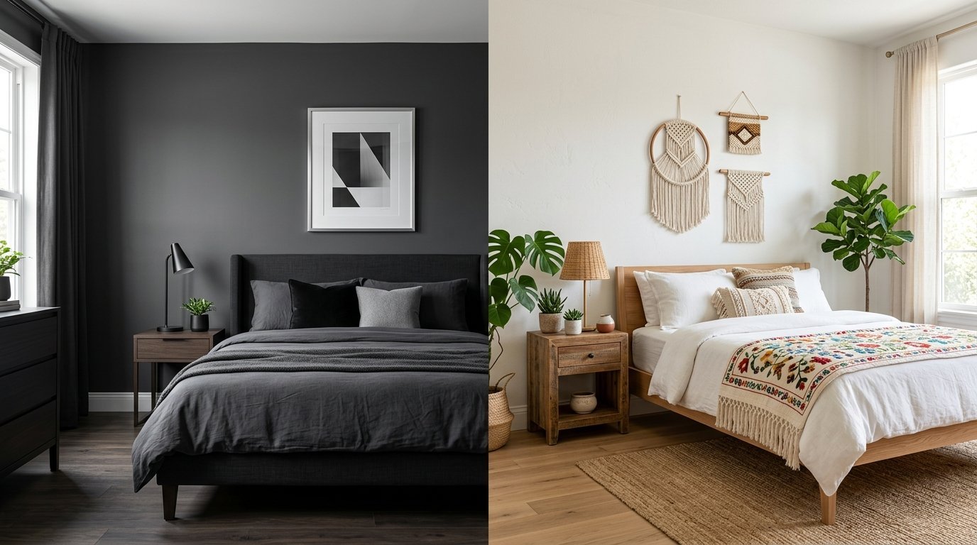Split image showing a dark grey bedroom on the left and a bright bohemian white bedroom on the right.