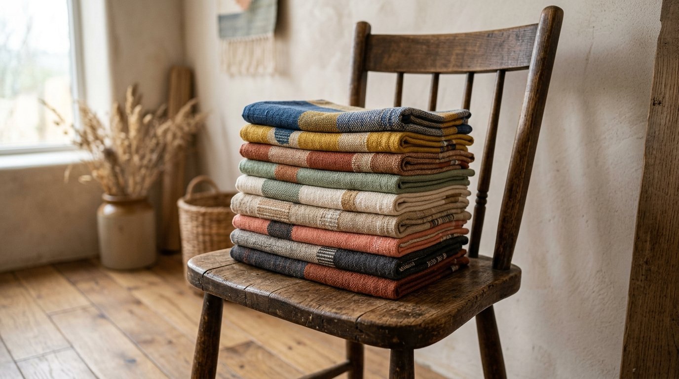 Colorful folded fabric napkins stacked neatly on a vintage wooden dining chair.