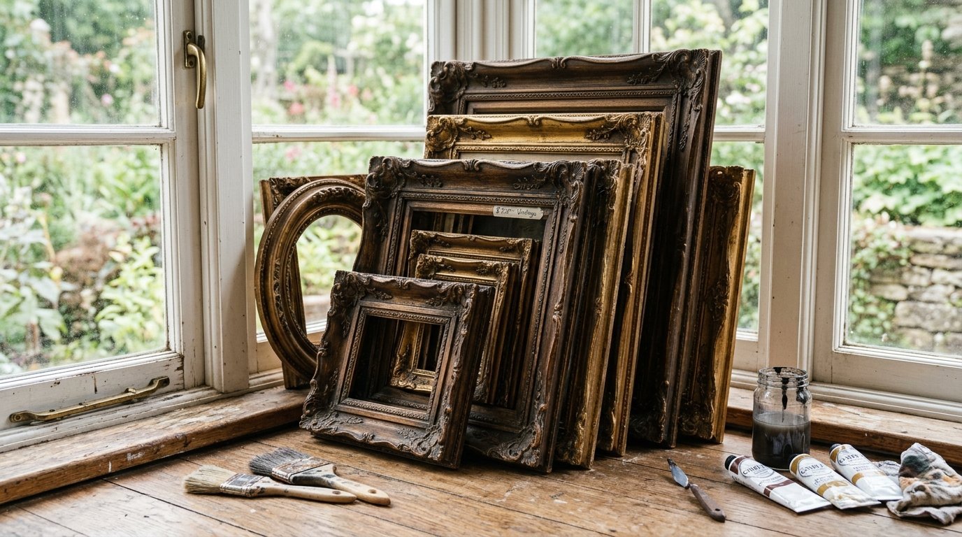 Nested ornate wooden frames on a windowsill with paintbrushes and oil paint tubes nearby.