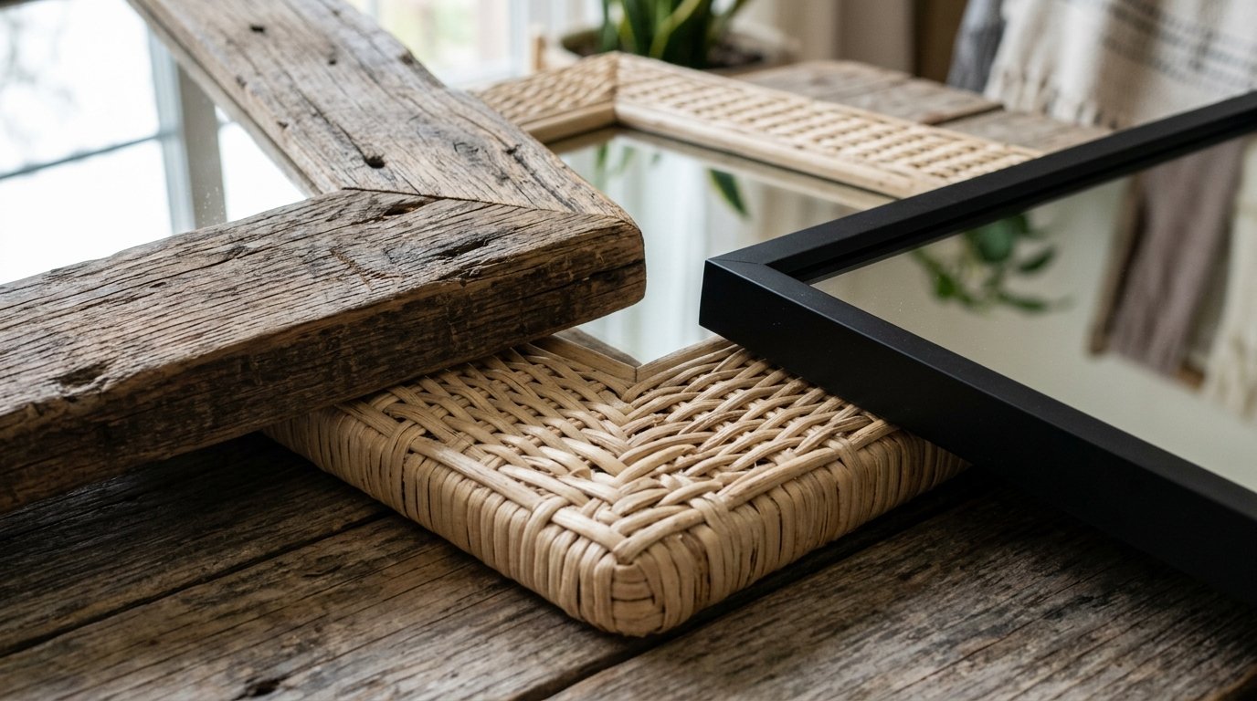 A rustic wooden mirror, a light woven rattan mirror, and a sleek black framed mirror stacked on a wooden surface.