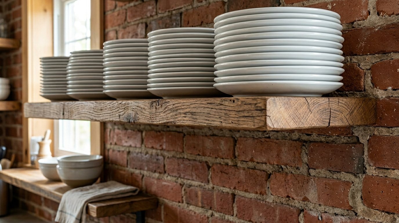Five tall stacks of white dinner plates arranged on a reclaimed wood shelf against an exposed red brick wall.