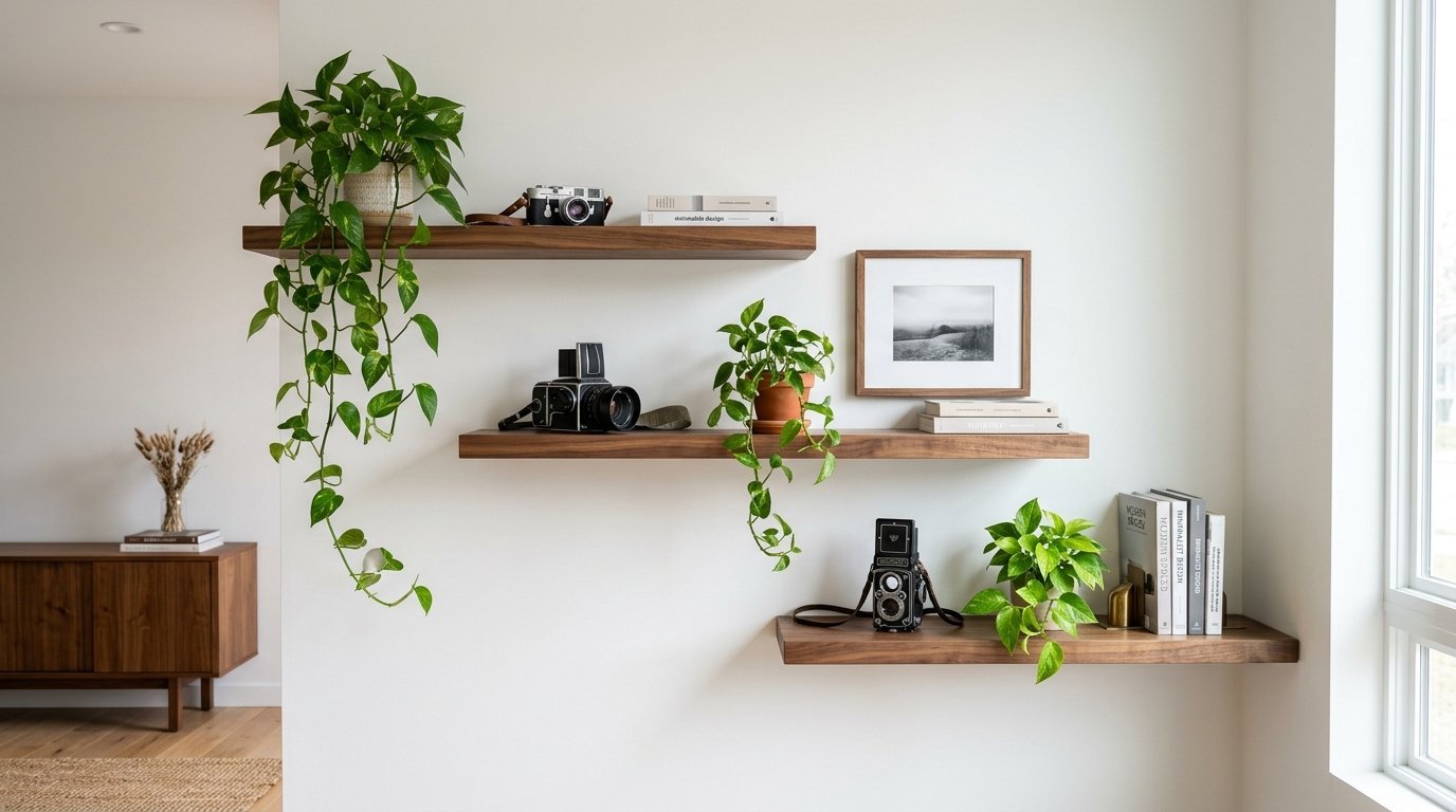 Three tiered walnut shelves holding trailing pothos plants, vintage film cameras, books, and a framed photograph.