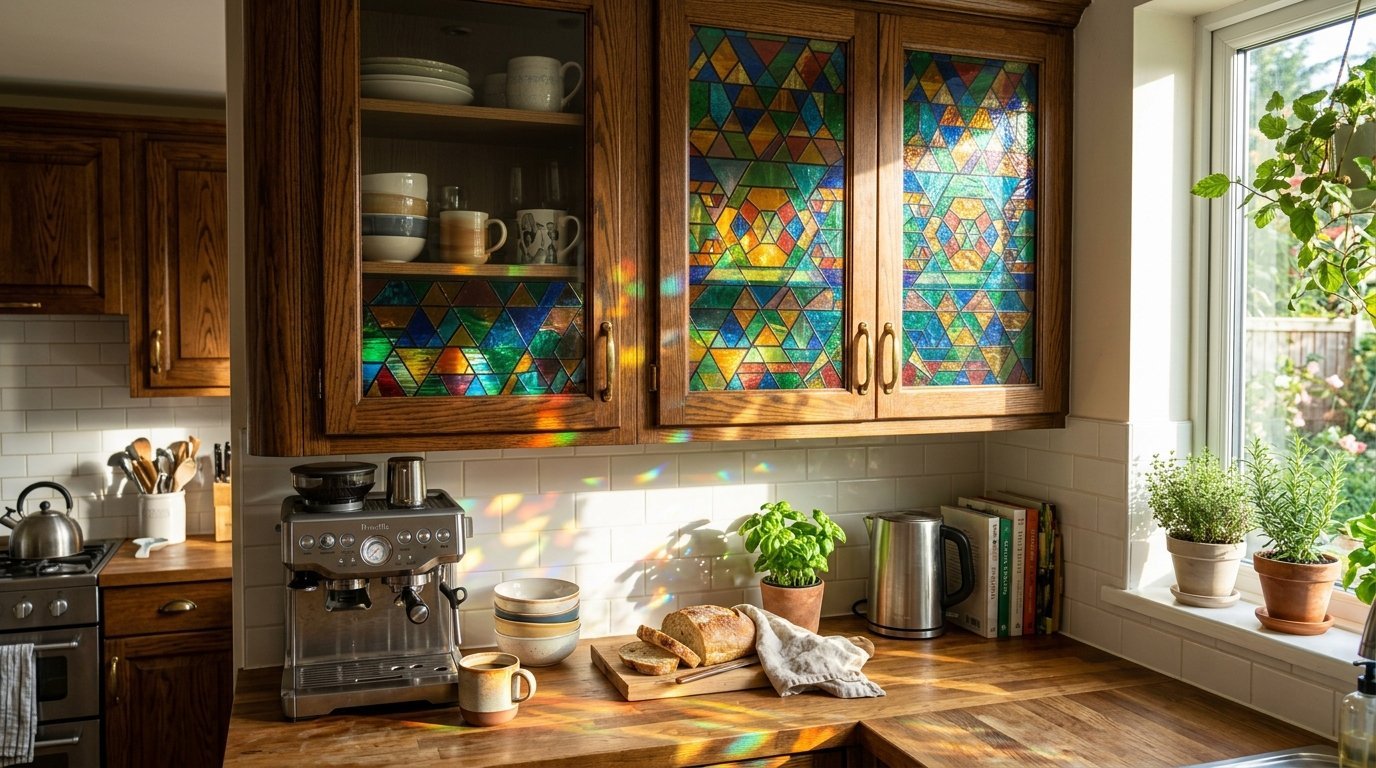 Wooden kitchen cabinets with multicolored stained glass panels casting prism shadows on the countertop below.