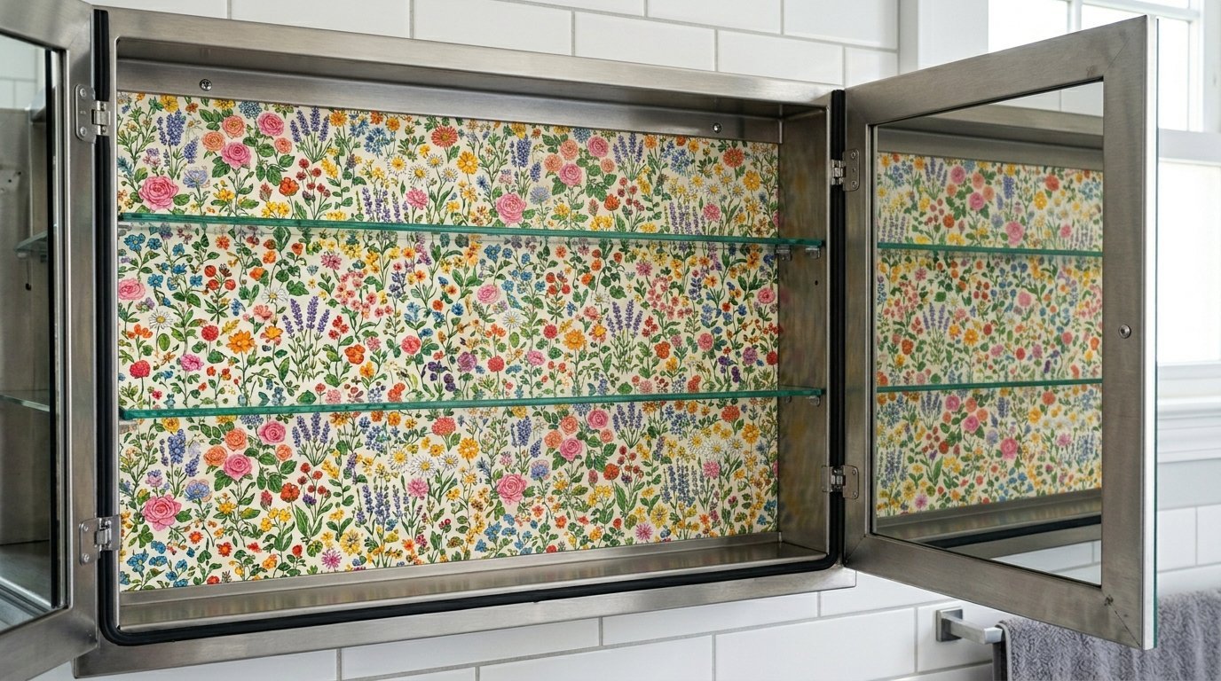 A recessed medicine cabinet with floral-patterned backing and empty glass shelves.