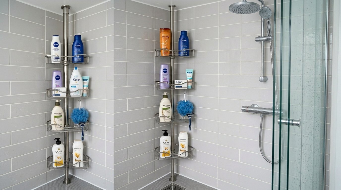 A vertical tension rod shower caddy installed in a tiled corner filled with shampoo and body wash bottles.