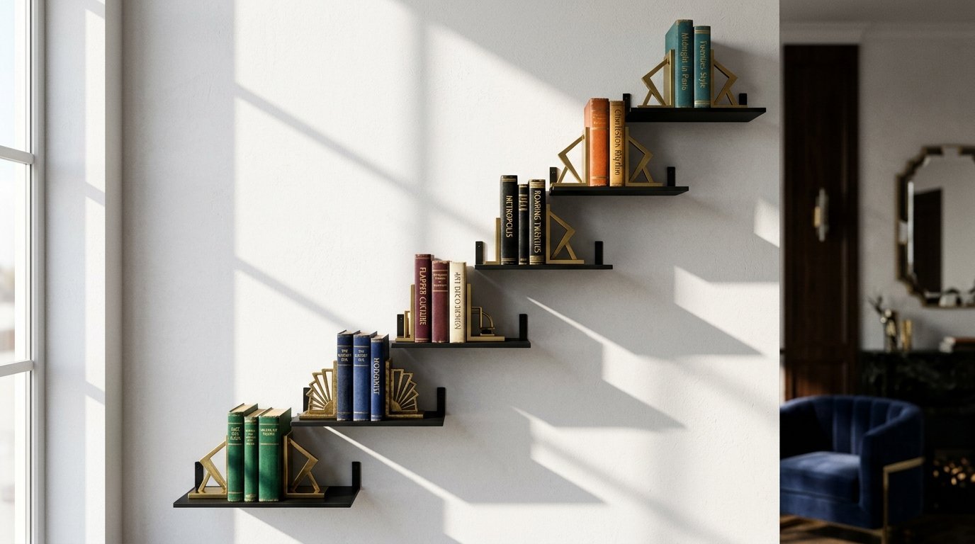 A staggered set of black wall-mounted shelves holding books with art deco inspired golden metal bookends.