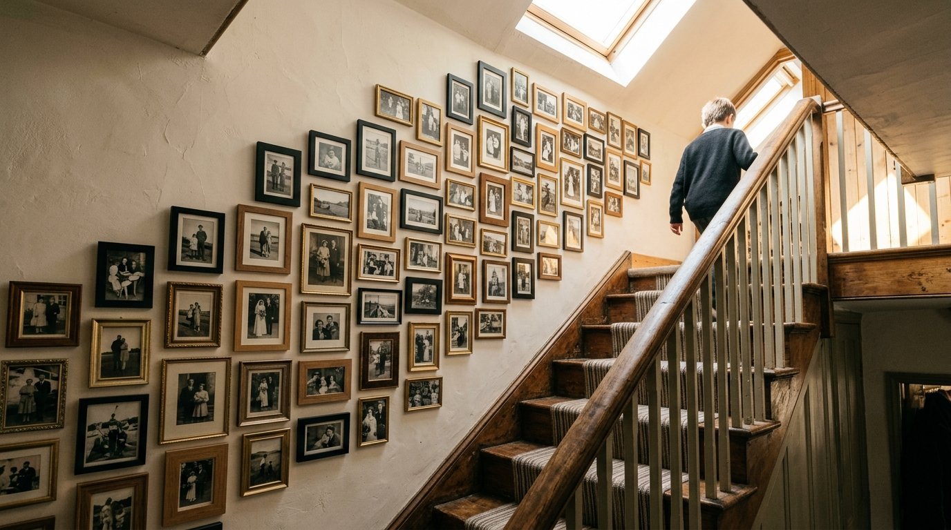 Child walking up wooden staircase next to a wall filled with various framed black and white family portraits.