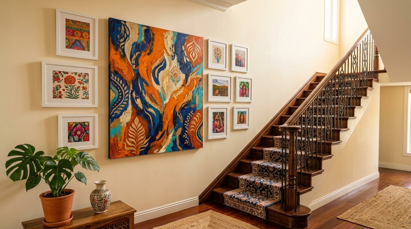 Wooden staircase with patterned runner next to an orange and blue abstract painting surrounded by small framed prints.