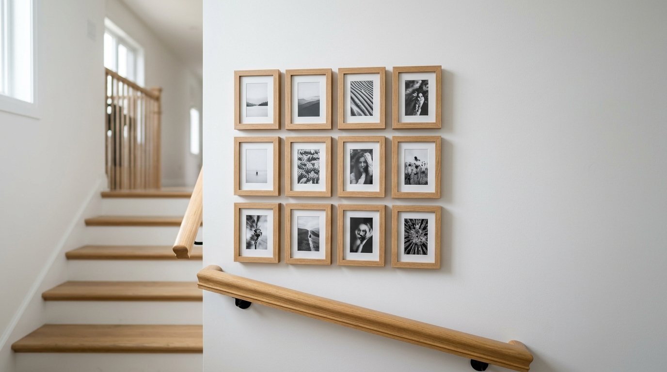 A symmetrical arrangement of twelve small black and white photos in wooden frames mounted on a white wall by a staircase.