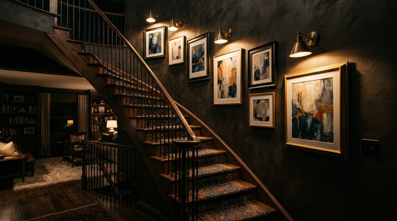 Wooden stairs with patterned carpet leading to a dark wall hung with six framed abstract paintings and sconce lights.
