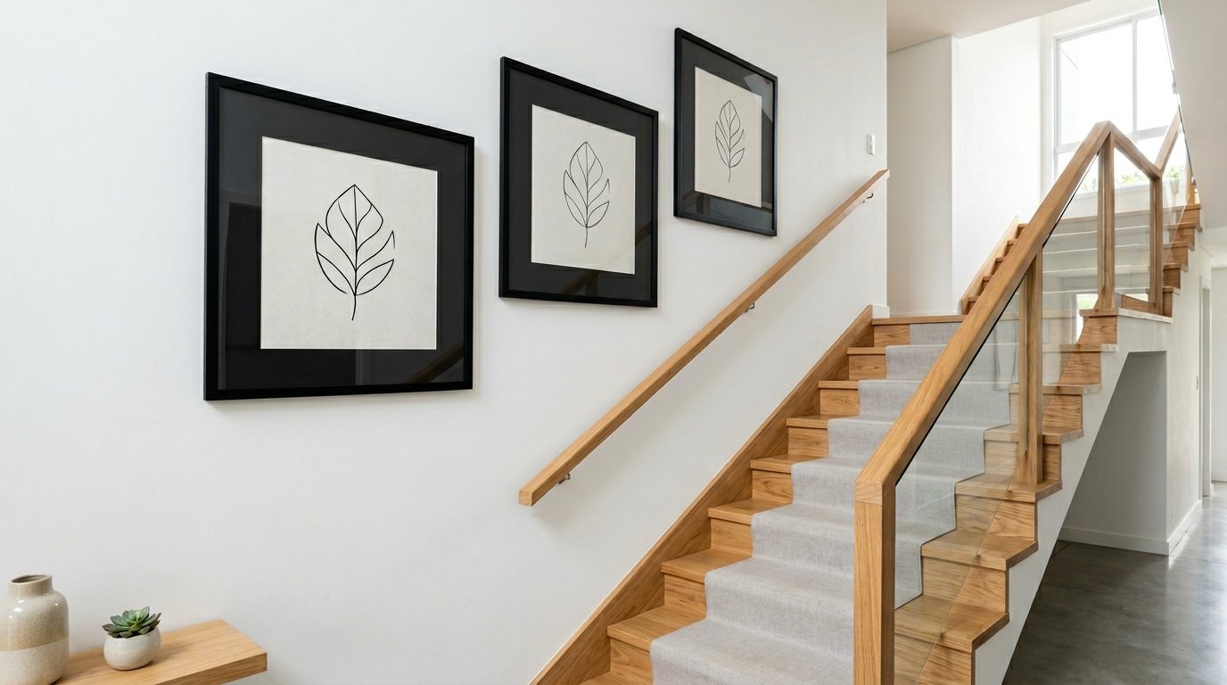 Three framed black and white leaf drawings displayed on a white wall above a wooden staircase with glass railings.
