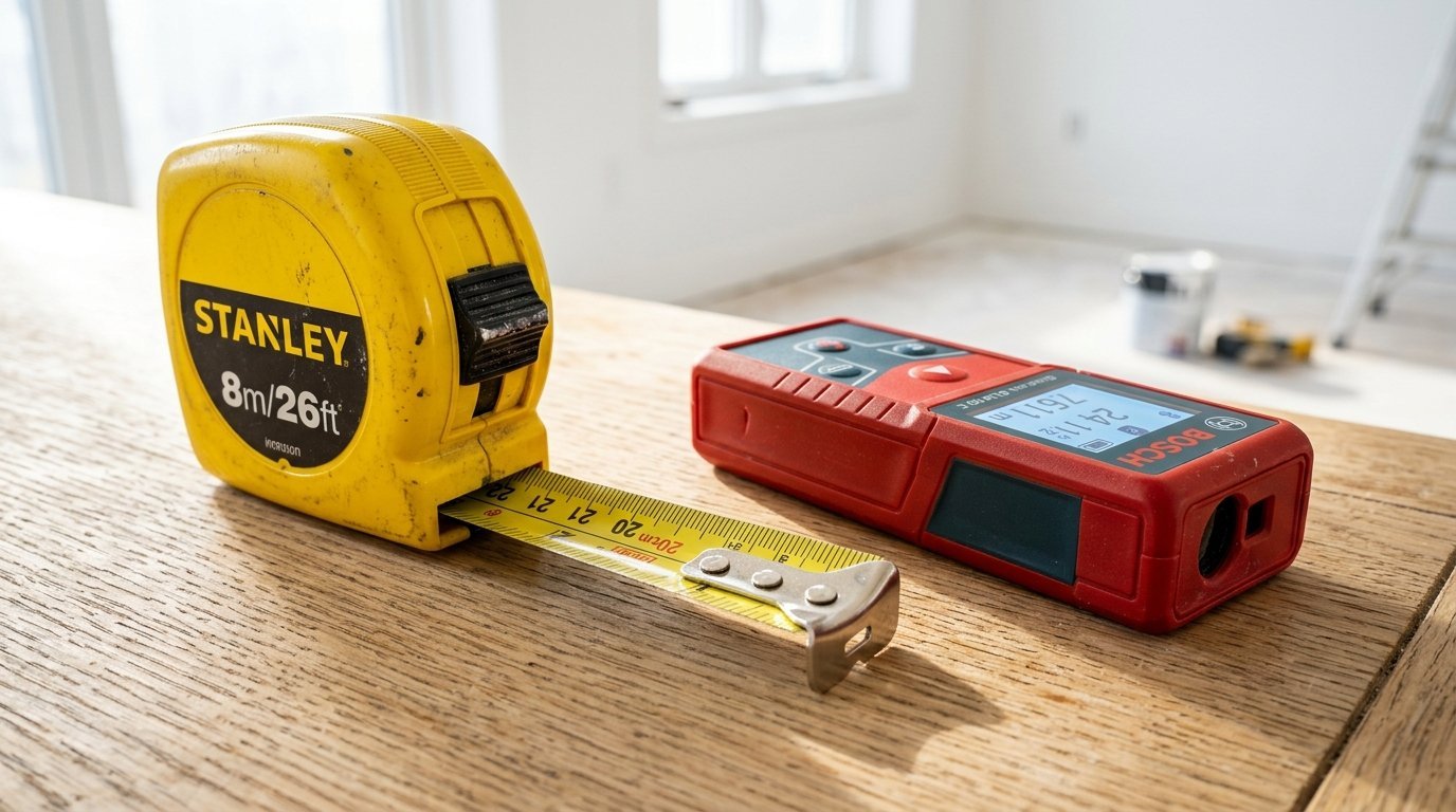 A yellow Stanley tape measure and a red digital Bosch laser rangefinder sitting on a wood surface.