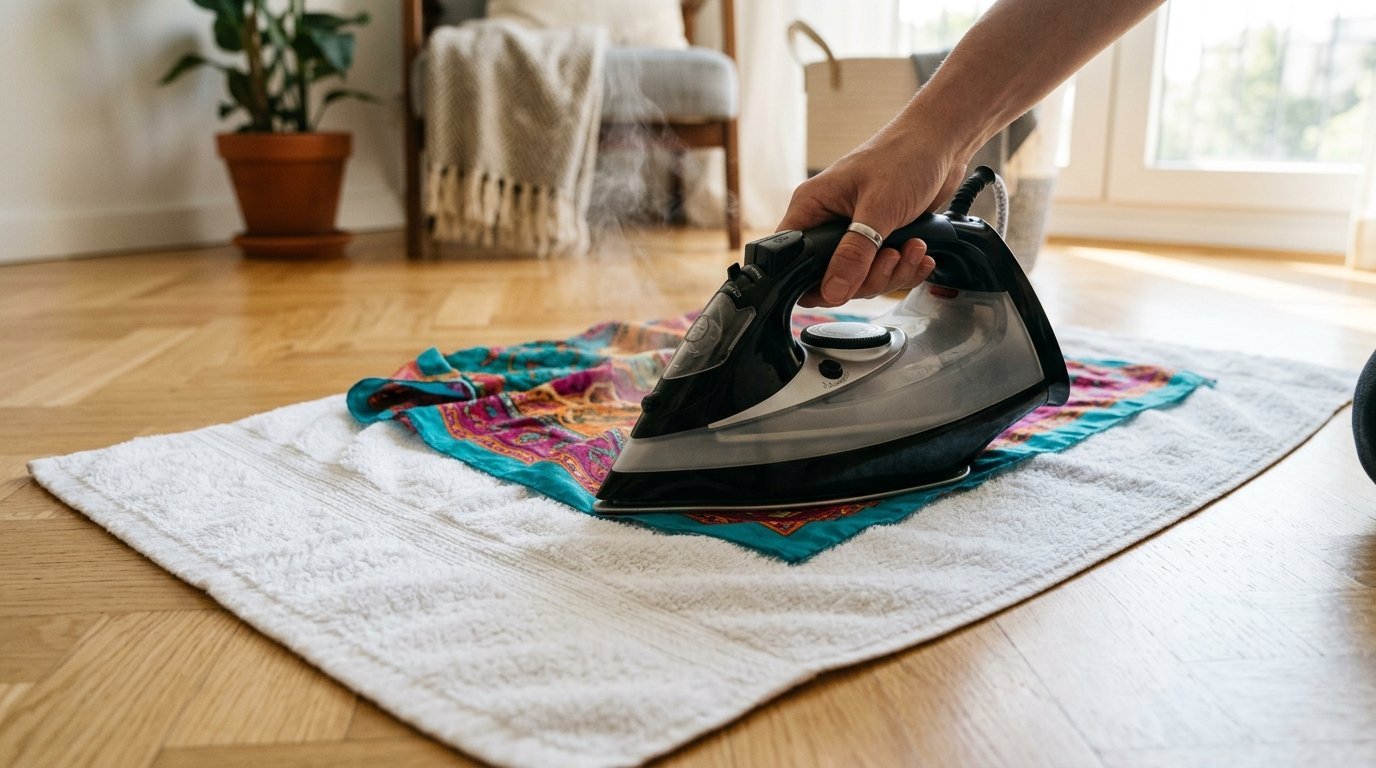 Close-up of a black steam iron pressing a bright turquoise patterned cloth placed on a white towel on a wooden floor.