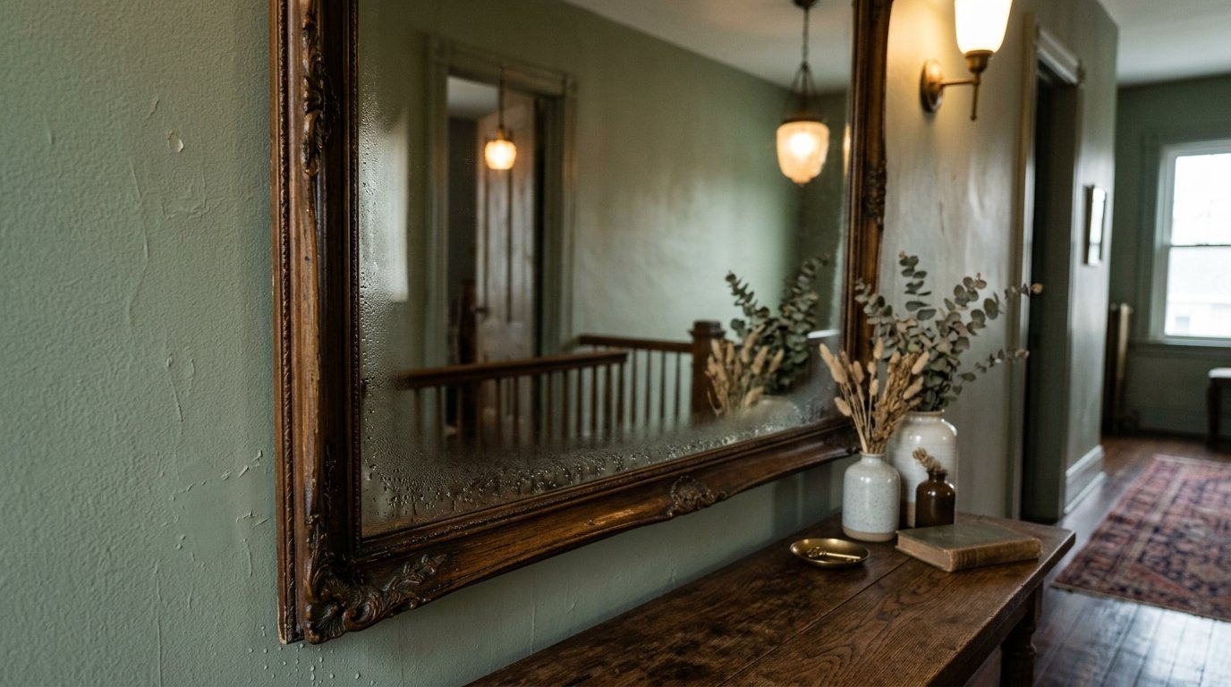 Close up of an ornate wood-framed mirror with condensation, reflecting a hallway with a staircase.